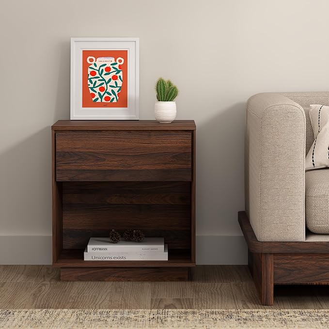 EYYTHUNG Farmhouse Nightstand, 21.6" Wood End Side Table with Storage and Open Shelf, Farmhouse Accent Night Stand Bedside Table for Bedroom Sofa, Brown
