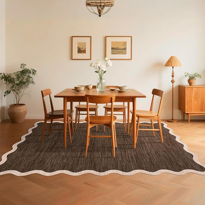 GarveeHome Scalloped Washable Area Rugs 5x7 Rug for Living Room Modern Non Slip Throw Rugs Brown Rug Soft Bedroom Rugs Non Shedding Low Pile Stain Resistant Carpet for Dining Room Nursery 5'x7' Brown