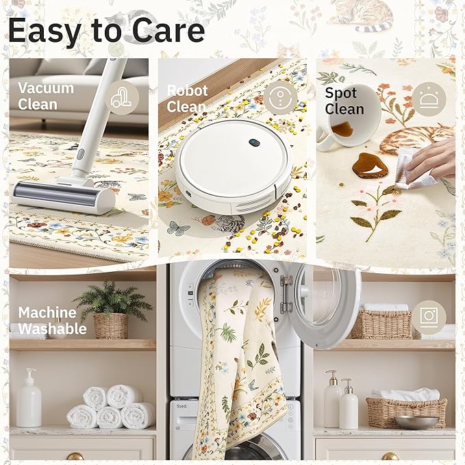 Soalmost Cat 5x7 Area Rugs for Living Room, Machine Washable Animal Floral Vintage Rug Non-Slip Low Pile Soft Throw Rugs for Kitchen Dining Room Bedroom Nursery Playroom (5 x 7,Beige)
