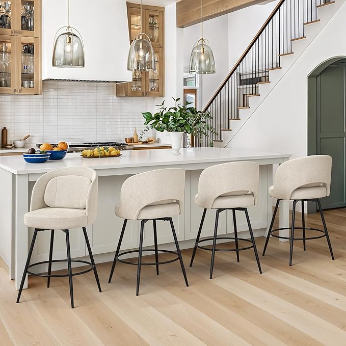 LUE BONA 26''H Swivel Bar Stools Set of 3, Counter Height Bar Stools with Backs, Lumbar Pillow and Black Metal Frames, Upholstered Morden Barstools for Kitchen Island, Linen Farbic, Linen Color