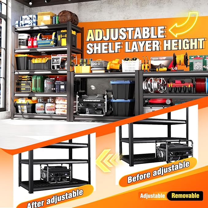 2 Pack-46 ''W Storage Shelves, 71‘’H Garage Shelving, Adjustable Garage Shelves, 3000lbs Heavy Duty Shelving ,5 Tier Garage Storage Shelves,Easy-To-Install Metal Shelf Storage Rack Shelving Unit