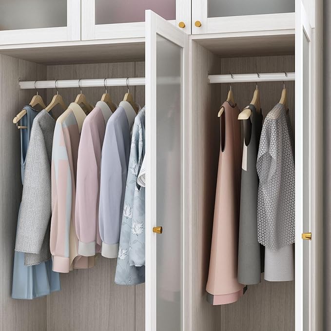 MOUMON 86.6" 4-Door Wardrobe Closet with Frosted Glass Doors & 2 Drawers, Double Hanging Rods & Shelves, Top Storage, Wide Armoire Closet Light Oak 63”W x 19.7”D x 86.6”H