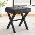 LUE BONA Vanity Stool - Square Faux Leather Makeup Seat With Metal X Legs, Small Ottoman Chair for Makeup Room, Living Room - Modern Padded Foot Rest, Black