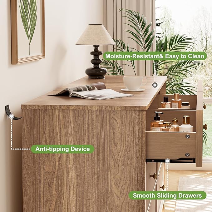 INNOD Fluted 6 Drawers Dresser, 54" Wide Modern Chest of Drawers with Round Corners, Wooden Dresser TV Stand, Wood Drawer Organizer for Bedroom, Living Room, Hallway