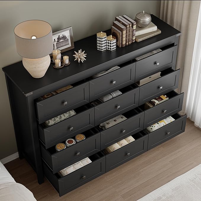 BORNOON 12-Drawer Dresser, Modern Wooden Storage Chest of Drawers, Dresser TV Stand, Wood Drawer Organizer with Metal Handles for Bedroom, Living Room, Hallway
