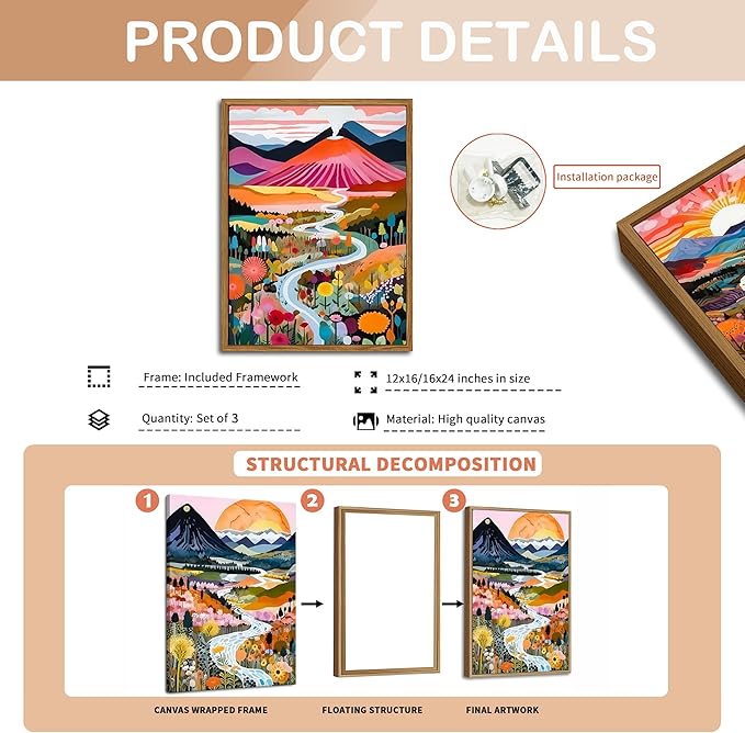 Floating Framed Large Boho Colorful Wall Art, Abstract Watercolor Mountain Landscape Wall Decor Painting Set of 3, Modern Flower Aesthetic Posters Prints for Living Room Bathroom Bedroom 16x24 Inch