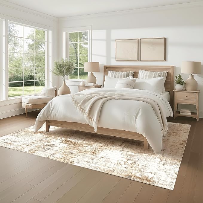 Fmfunctex 9x12 Washable Abstract Area Rug Brown Grey Neutral Modern Large Non Slip Carpet for Living Room Bedroom Soft Low Pile Indoor Mat Accent Throw Rug for Dining Kitchen Office Nursery, Grey Gold