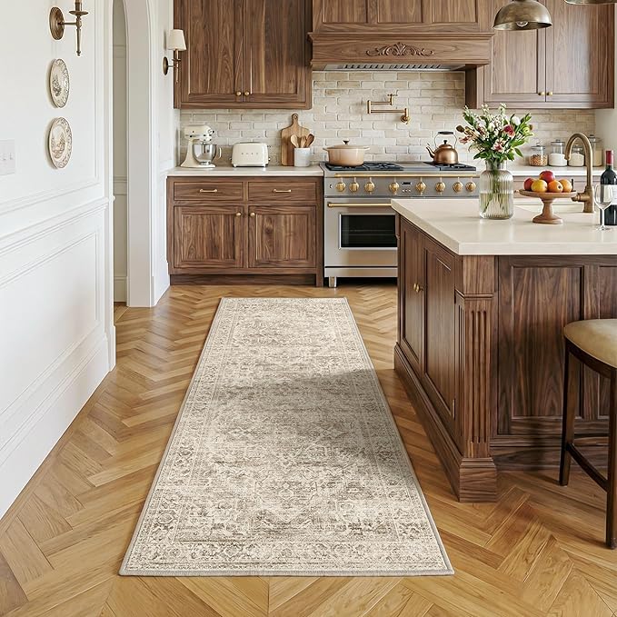 FMFUNCTEX 2x6 Runner Rug Brown Vintage Neutral Washable Distressed Oriental Non Slip Low Pile Indoor Carpet Retro Hallway Entryway Rug for Kitchen Living Room Bedroom Bathroom Laundry Entry Bedside