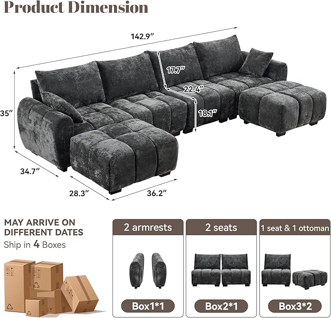 143" Oversized U Shaped Couch, Large Chenille Cloud Couch with Two Movable Ottomans, Memory Foam and Solid Wood Legs, Mid Century Modern Modular Sectional Couches for Living Room, Tufted Sofa, Grey