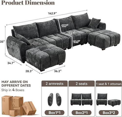 143" Oversized U Shaped Couch, Large Chenille Cloud Couch with Two Movable Ottomans, Memory Foam and Solid Wood Legs, Mid Century Modern Modular Sectional Couches for Living Room, Tufted Sofa, Grey