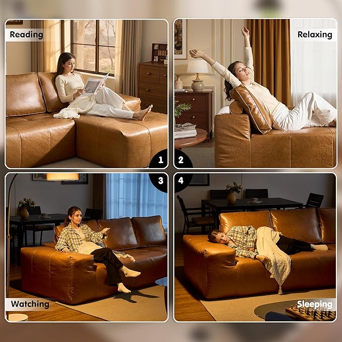 ovios 106" Cloud Boneless Couch with L-Shape Chaise,Modern Sectional Modular Sofa with Deep Seat, Upholstered Couches for Living Room Bedroom,No Assembly Required, Brown