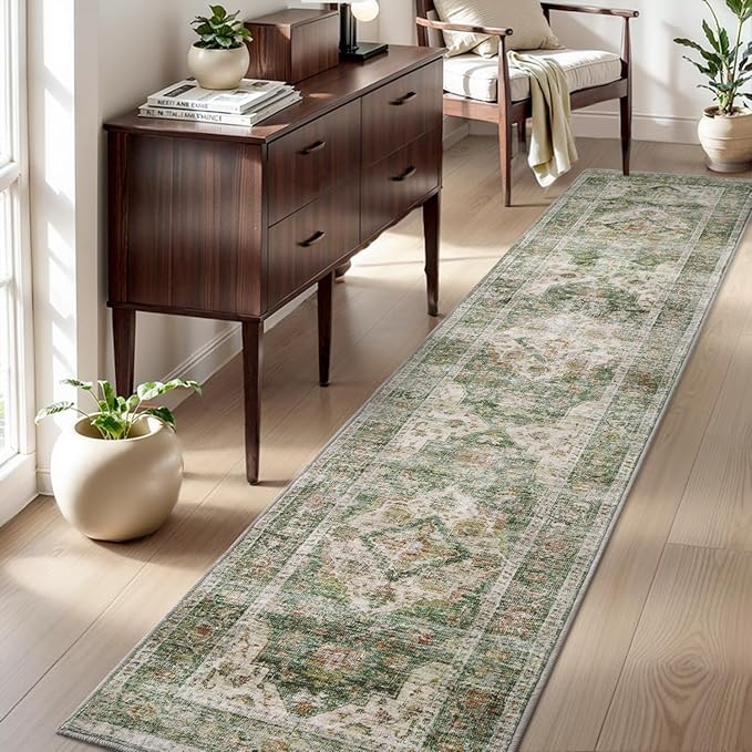 AMOAMI-2X3 Small Rug-Washable Rugs Entryway Mat Indoor-Soft Vintage Non Slip Rugs for Kitchen Laundry Room Bathroom Green Decorative Accent Rug for in Front of Sink 24 Inch x36 Inch