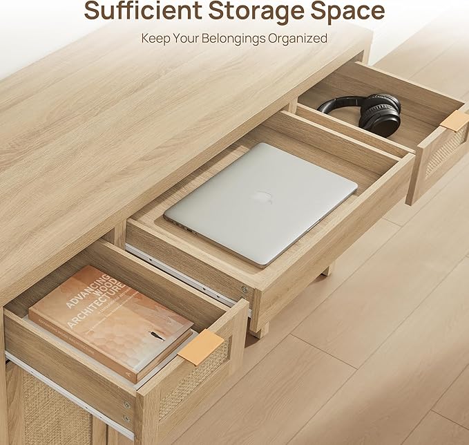 SICOTAS Rattan Executive Desk with Storage - Larger Home Office Desk with Drawers and Cabinets, Boho Computer Table for Study, Office, Living Room, Light Oak (2 Pieces)