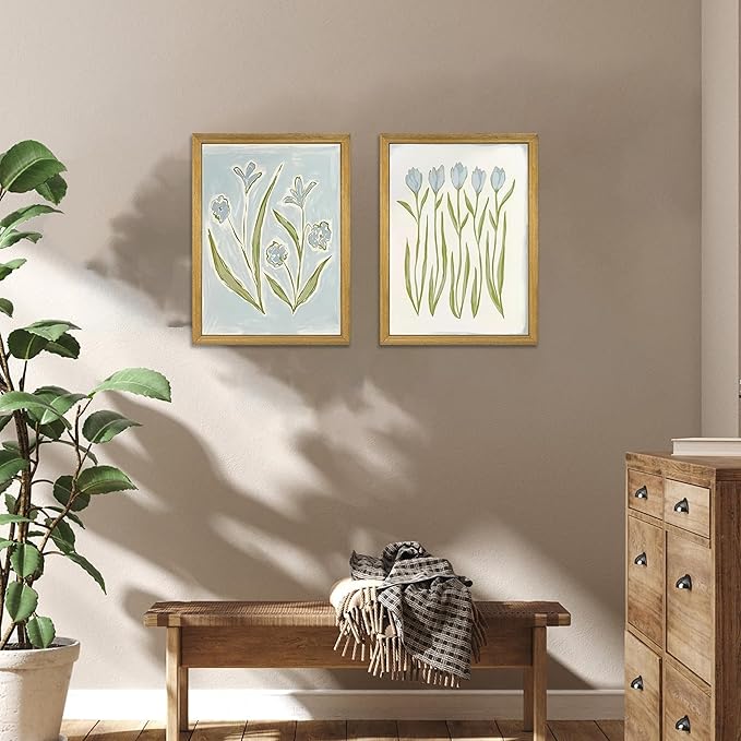 Blue Tulip Flower Wall Art Set of 2, Watercolor Floral Preppy Canvas Poster Prints, Modern Botanical Painting Aesthetic Picture for Living Room Bedroom Bathroom Apartment Wall Decor 16x24 Inch Framed