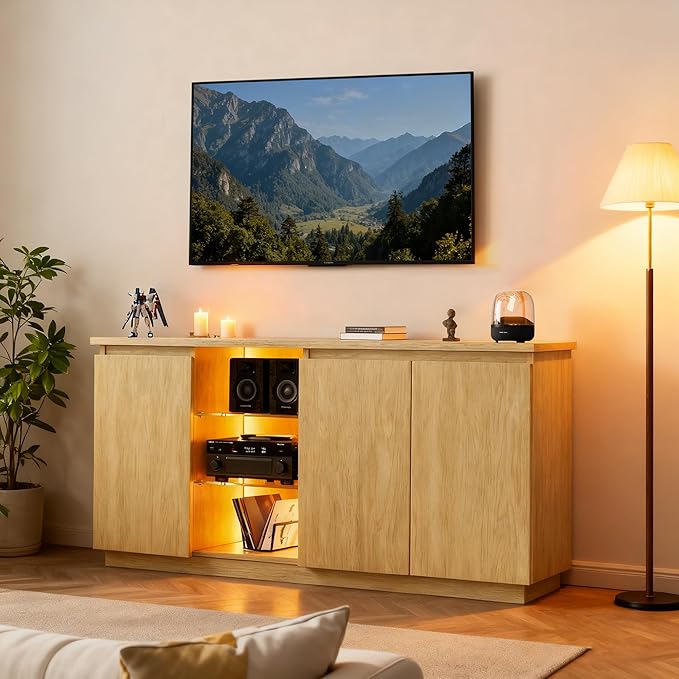 iPormis Sideboard Buffet Cabinet with Storage & LED Lights, Credenza Sideboard with Doors and Adjustable Shelves, 60" Coffee Bar Table Storage Cabinet for Dining Room Kitchen Living Room, Natural