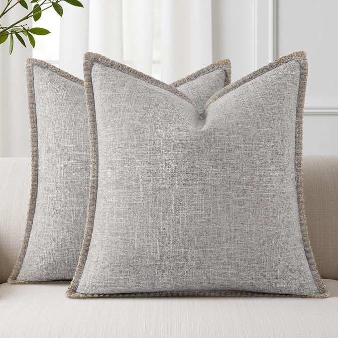 decorUhome Summer Decorative Throw Pillow Covers 24x24 Set of 2 Square Faux Linen Outdoor Neutral Farmhouse Euro Sham Pillow Covers with Stitched Edge for Couch Sofa Living Room, Light Grey