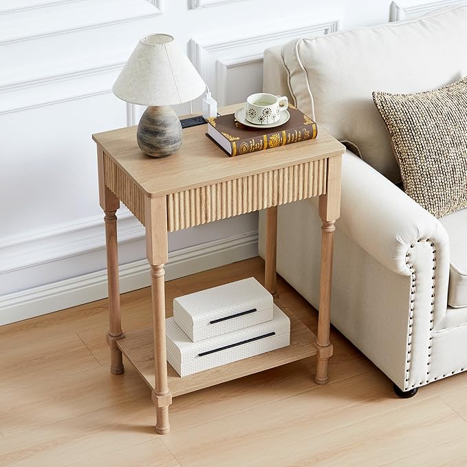 XUZENEST Fluted Nightstand with Charging Station, 23.6” Large Bed Side Table End Table with Drawer, Modern Mid Century Solid Wood Legs Night Stands Bedside for Bedroom Living Room Sofa Office, Natural