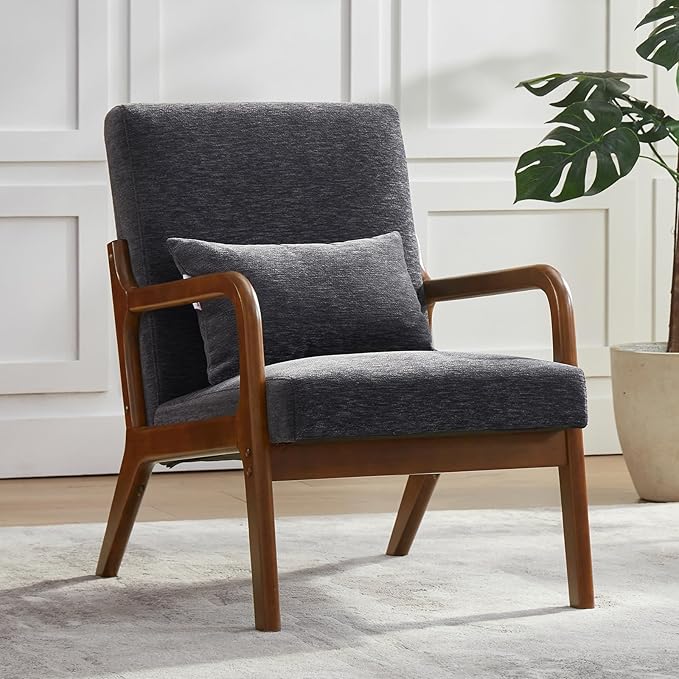 Achicsofar Accent Chair Mid Century Modern Armchair with Lumbar Support Pillow Wood Legs PU Leather Upholstered Lounge Chairs Comfy High Back Cushion for Living Room Bedroom