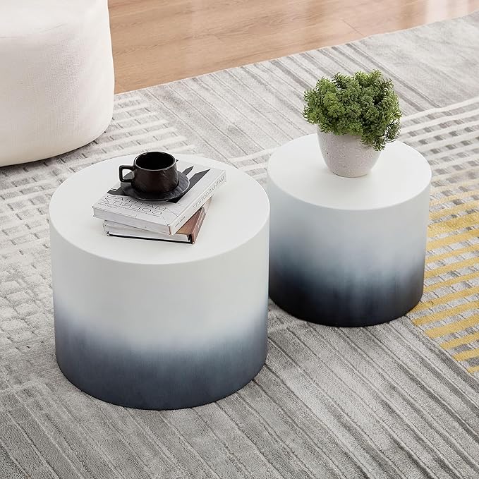 WILLIAMSPACE 18.9" Gradient Color Nesting Coffee Table Set of 2 for Living Room, Modern Round Coffee Tables Accent Circle Tea Table Set for Small Space, No Assembling, White + Blue