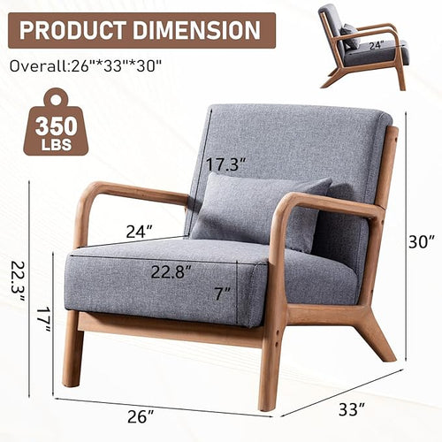 ANJ Mid Century Modern Accent Chair, Single Fabric Lounge Reading Armchair with Solid Wood Frame, Easy Assembly Arm Chairs for Living Room, Grey