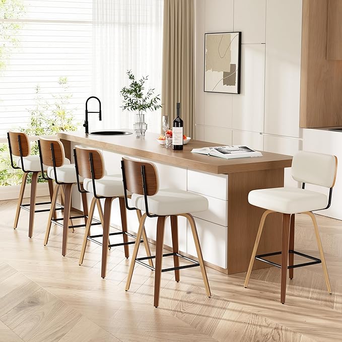 Swivel Bar Stools Set of 5, 26" Upholstered Faux Leather Counter Height Barstools with Walnut Back & Bentwood Legs, Mid Century Modern Bar Chairs Island Stools for Kitchen Counter, Cream White
