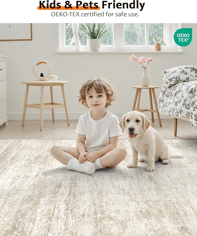 Art&Tuft Washable Rugs 9x12, Anti-Slip Backing Abstract Area Rugs, Stain Resistant Area Rugs 9x12 Living Room, Foldable Machine Washable Area Rug(01-Beige, 9'x12')