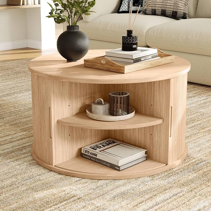 LINSY HOME Round Coffee Table, 31.5" Drum Coffee Table with Sliding Tambour Door, Fluted Accent Center Table with Storage, Mid Century Modern Coffee Table for Living Room, Oak