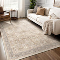Neutral Beige 5x7 Area Rugs for Living Room Bedroom, Washable Non Slip Low Pile Thin Soft Carpet Rugs for Dining Room/Kitchen/Home Office/Nursery, Vintage Earth Tone Rug with Decorative Fringe