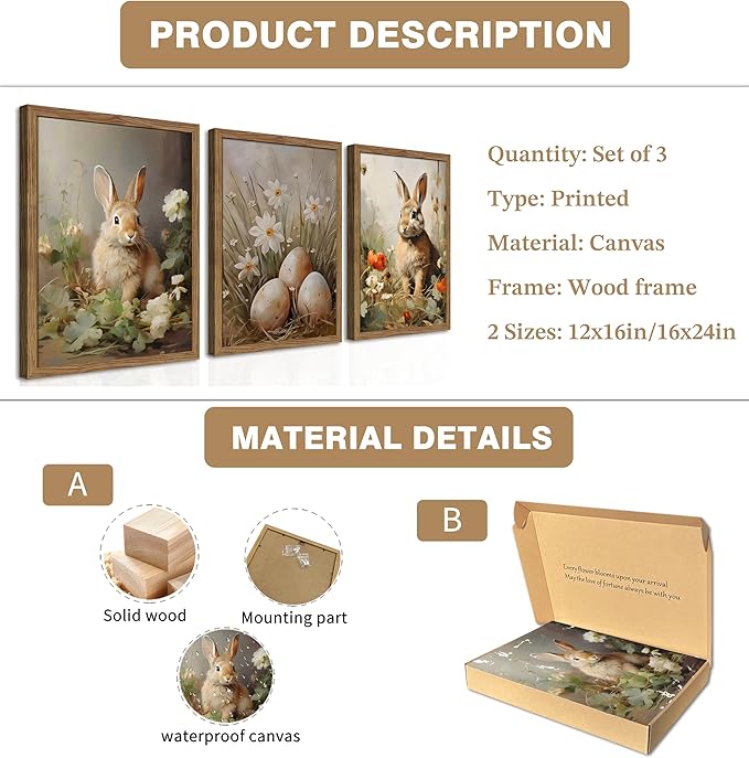 Vintage Easter Bunny Wall Art Set of 3, Spring Easter Rabbit Eggs Canvas Wall Decor Paintings, Rustic Farmhouse Animal Artwork Prints Pictures for Living Room Bedroom Bathroom 12x16 Inch Framed