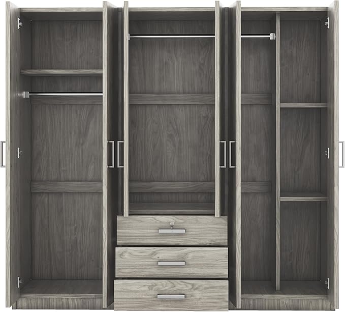 6 Door Armoire Wardrobe Closet with Big 3 Drawers, Wooden Freestanding Bathroom Armoire Cabinet with Shelves and Hanging Rod, Clothes Storage Organizer for Bedroom, Guest Room (Gray-8)