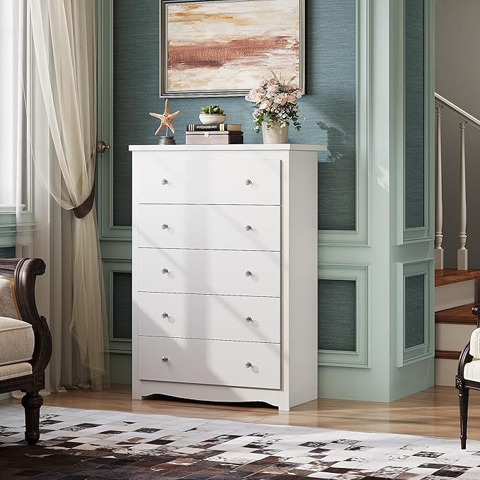 WLIVE White Dresser for Bedroom, 45" Tall 5 Drawers Wooden Chest of Drawers, Storage Cabinet and Organizer Drawers for Living Room, Hallway, Closet