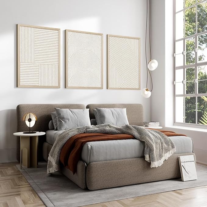 Beige Abstract Wall Art Pictures Set of 3 Boho Modern Canvas Wall Decor Neutral Line Wall Art Minimalist Art Abstract Beige Prints Painting Modern Artwork for Living Room Bedroom 12x16 Inch FRAMED