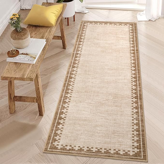 GarveeHome Modern Bordered Runner Rug 2x6 for Hallway Non Slip Low Pile Neutral Kitchen Runner Rugs Washable Bedroom Throw Carpet Geometric Cross Runners Mat for Living Room Nursery Laundry, Beige