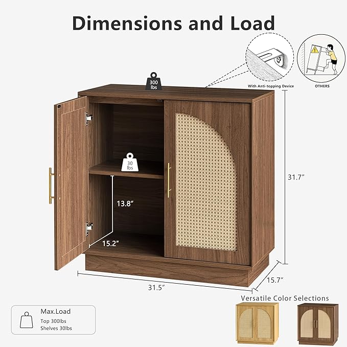 FORTUNETEC Sideboard Buffet Cabinet with Storage, 31.5" Modern Accent Cabinet with Rattan Arched Doors, Modular Media Console, Boho Credenza for Living Room Kitchen Dining Room Entryway, Walnut