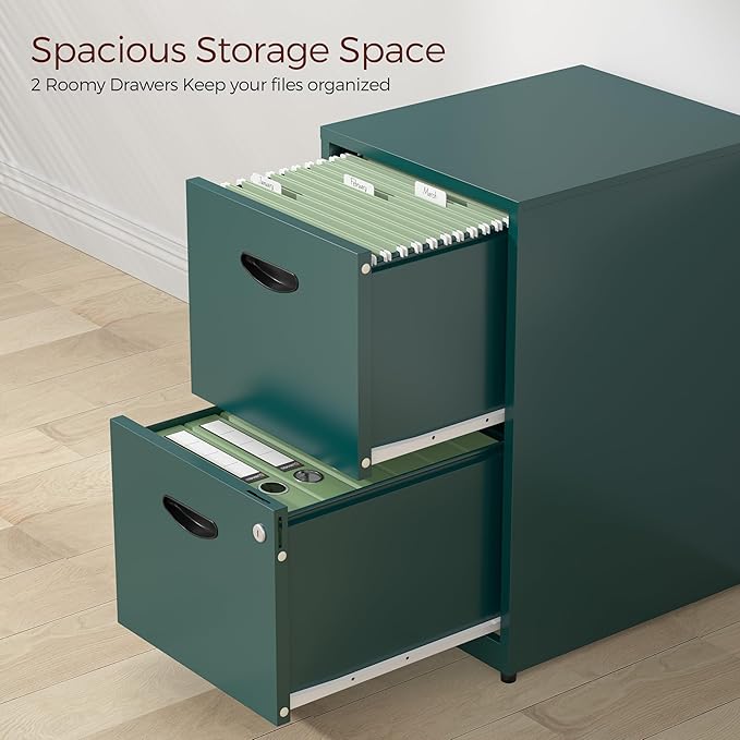 2 Drawer File Cabinet with Lock,Green Metal Filing Cabinets,Vertical Locking File Cabinet Fit Hanging Files, Letter,File Box and A4 Documents