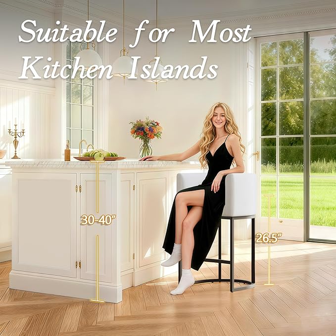 Modern Counter Height Bar Stools,Bar Stools Set of 1,Fabric Upholstered Barrel Barstools with Backs,26'' Kitchen Island Chairs,Metal Black Frames,Snowy White Linen