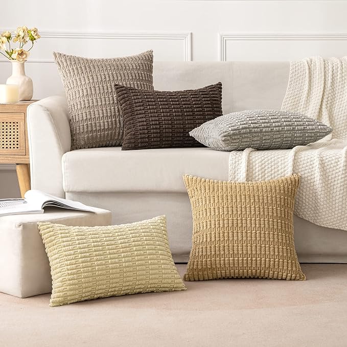 MIULEE Pack of 2 Corduroy Decorative Lumbar Throw Pillow Covers 20x12 Inch Soft Boho Striped Pillow Covers Modern Farmhouse Home Decor for Sofa Living Room Couch Bed Light Brown