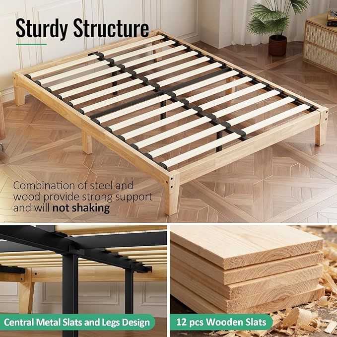 Full Size Solid Wood Platform Bed - Noise-Free Design with Metal and Wood Slat Support, No Box Spring Needed, Easy Assembly, Natural Wood Finish