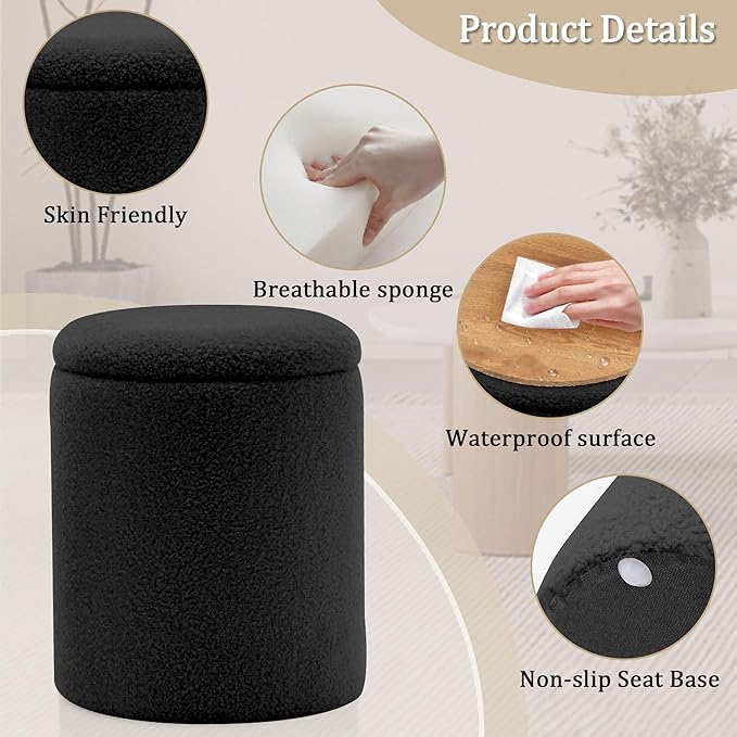 YSICK Round Ottoman with Storage, Set of 2, Small Vanity Stool as Vanity Chair, Sherpa Ottoman Foot Rest for Small Space, Living Room, Bedroom, Black
