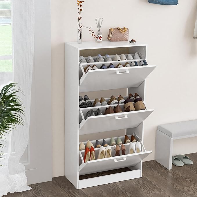 Shoe Cabinet with 3 Flip Drawers, Hidden Slim Freestanding Shoe Storage Cabinet, Narrow Freestanding Shoe Organizer for Entryway,Hallway, Living Room, White