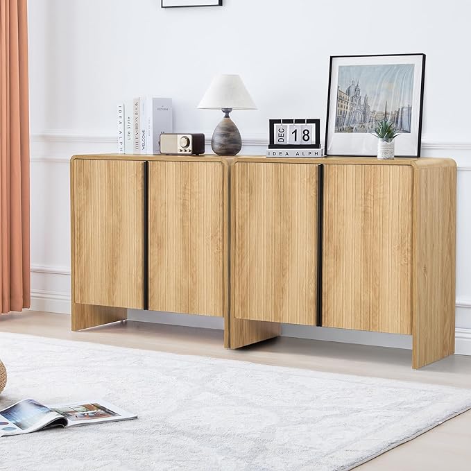 Bifins 31.5” Fluted Sideboard Buffet Cabinet with Storage,Mid Century Modern Small Wood Storage Cabinet with Arched Profile for Dining Room Kitchen Living Room (Oak 2pcs)