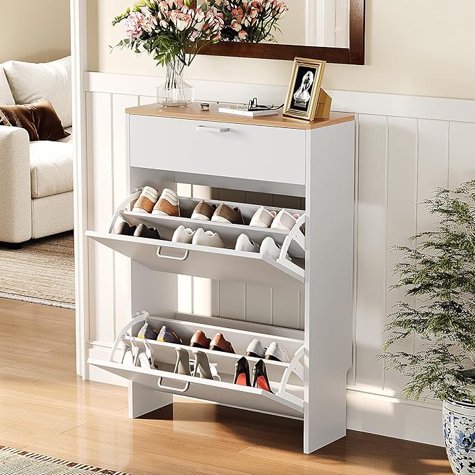 VINGLI Set of 2 Shoe Cabinet Storage for Entryway, Ultra Slim Shoe Organizer with 2 Flip & 1 Drop-Down Drawers, 2-Pack Narrow Shoe Cabinet 24.8" W for Front Door, Freestanding Modern White Shoes Rack