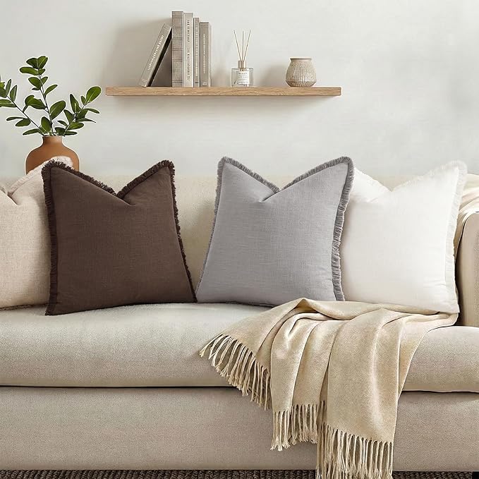 decorUhome Summer Decorative Neutral Linen Fringe Throw Pillow Covers Set of 2 Light Grey Pillow Covers with Tassels Soft Farmhouse Boho Accent Pillow Cases for Couch Bed Sofa 18x18 Inch