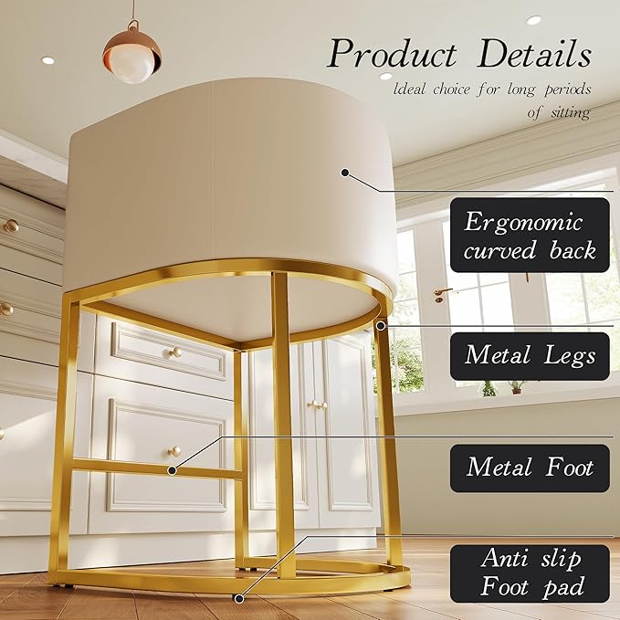 Modern Counter Height Bar Stools,Bar Stools Set of 4,PU Leather Upholstered Barrel Barstools with Backs,26'' Kitchen Island Chairs,Metal Gold Frames,Beige White Leather