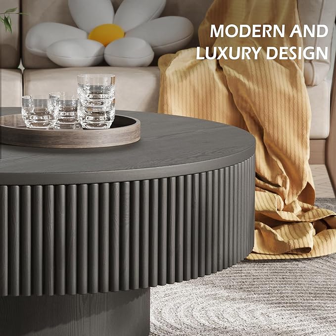 YOUDENOVA 31.5” Round Fluted Coffee Table, Modern Wood Circle Coffee Table, Veneer Handcrafted Relief Tea Table with Sturdy Pedestal for Living Room，Easy Assembly - Black