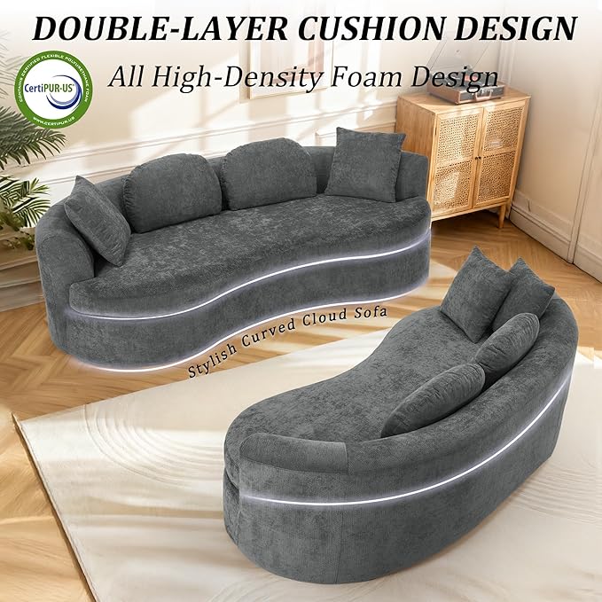 95” Modern Curved Sofa, Chenille Fabric Comfy Cloud Couch, No Assembly Required Half Moon Couch with Deep Seat, 4 Pillows for Living Room, Apartment, Bedroom