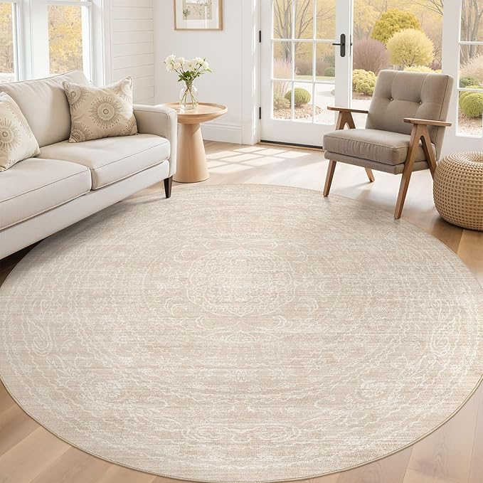 8ft Round Rug Living Room: Washable Large Vintage Neutral Area Rug Non-Slip Soft Stain Resistant Indoor Carpet for Bedroom Nursery Dining Room Under Table Bed Home House Office Playroom - Beige