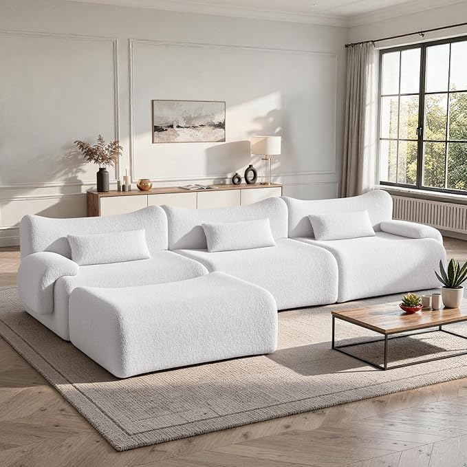 Cloud Couch Sectional, L Shaped Boneless Couches for Living Room - Oversized Modular Sofa with Deep Seats, Modern Couches with Movable Ottoman,White