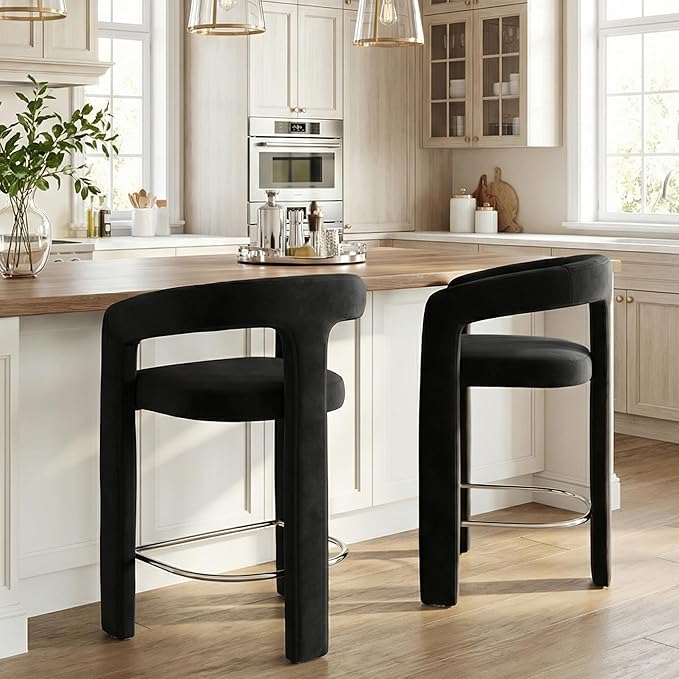 HNY 26 Inch Modern Tall Barrel Bar Stools Set of 2, Velvet Upholstered Barstools with Open Backs, Counter Height Bar Stools Chairs with Armrest for Kitchen Island, Black