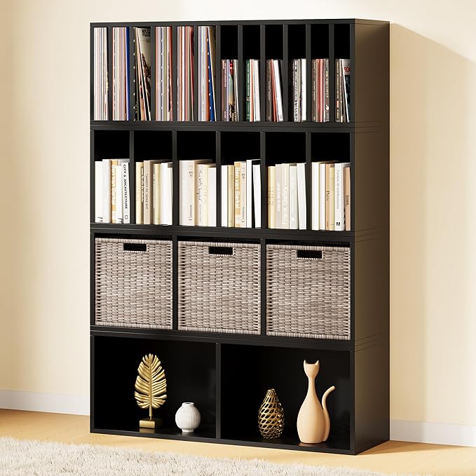 IOTXY DIY Modular Cube Bookcase - CubeXY Customizable Stackable Expandable Combination Set, 23-Cube Open Bookshelf for Books, Fabric Storage Bin, and 7/10-inch Vinyl Record Organizer, Black